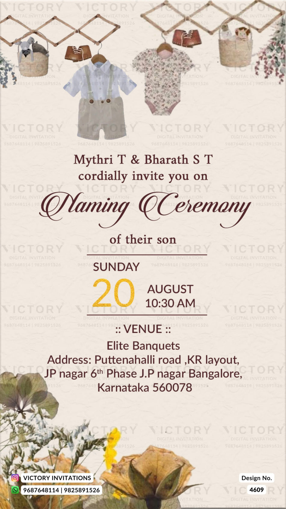 Baby Naming ceremony invitation card in english language with baby cloth as minimalistic theme design 4609
