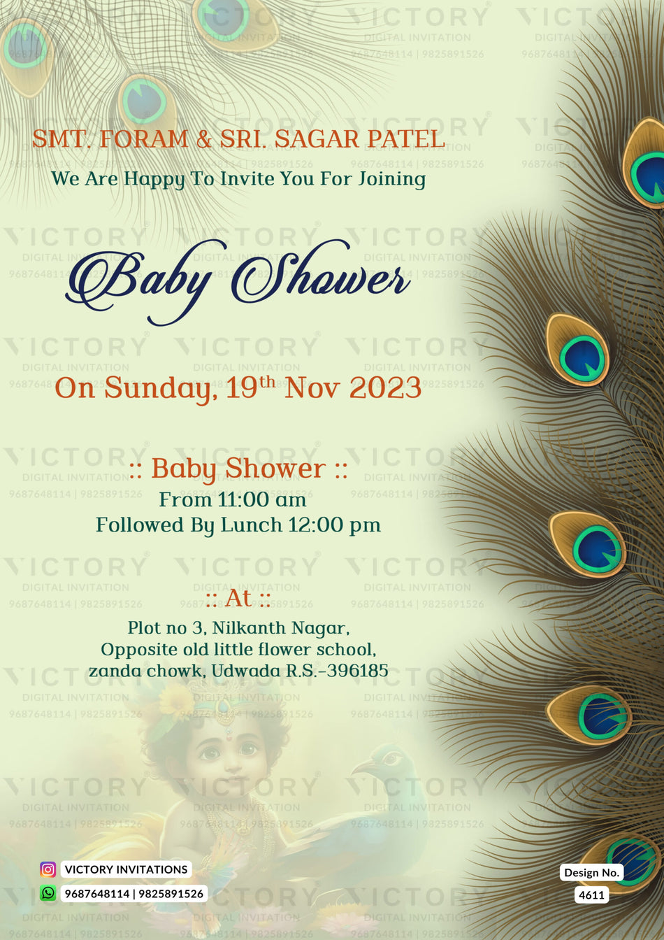 Baby Shower ceremony invitation card in english language with god image as peacock feathers theme design 4611