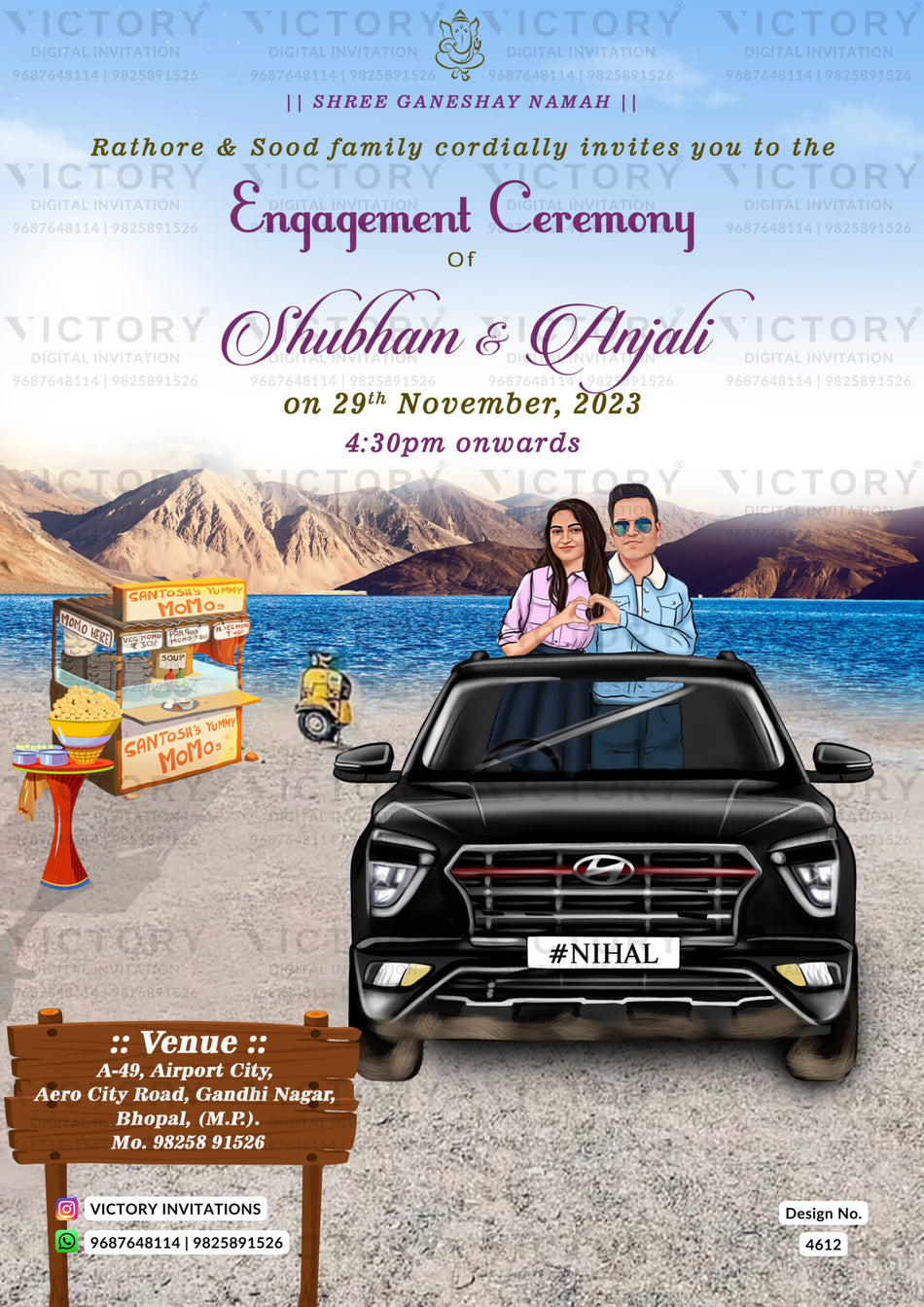 Bollywood couple caricature invitation card for Engagement ceremony in English language with mountain, shop as beach theme design 4612