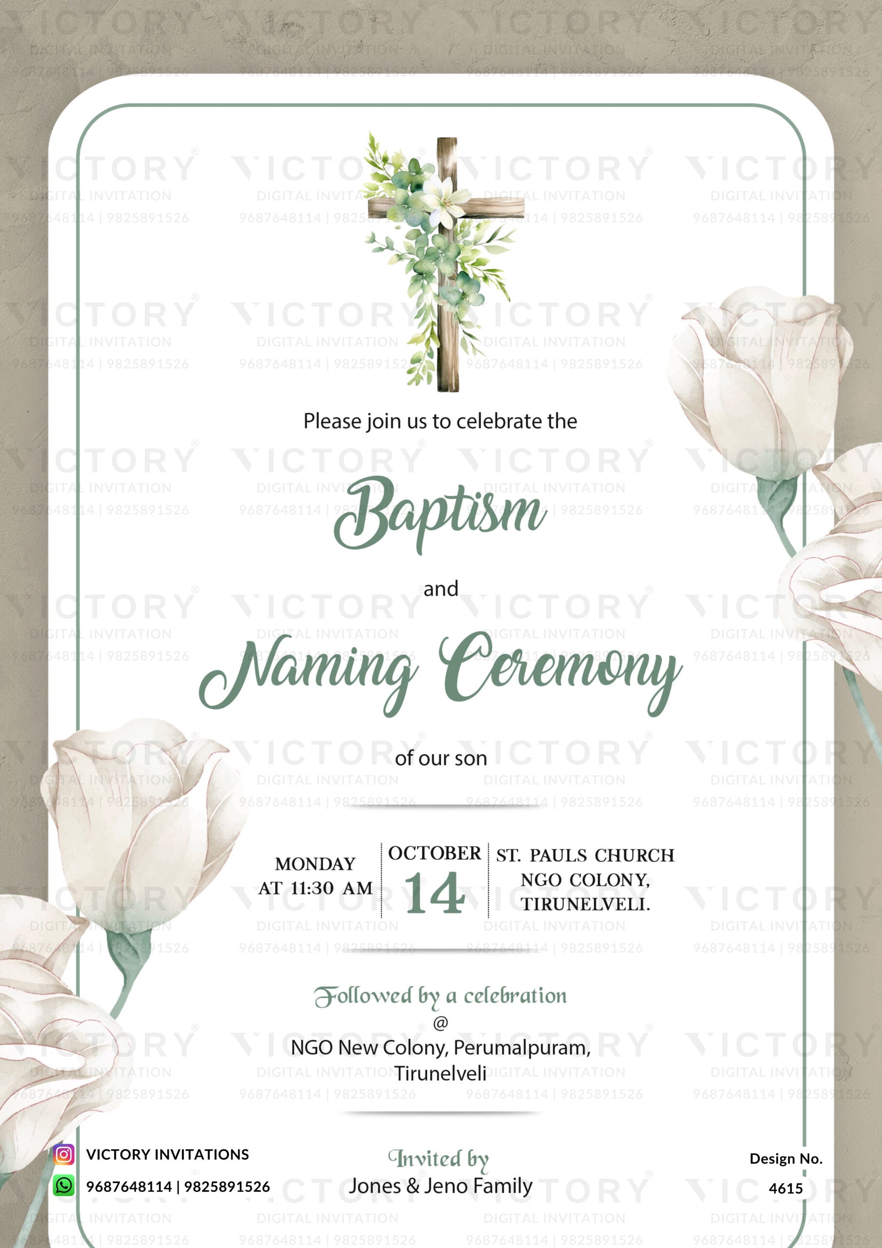 Baptism ceremony invitation card in english language with flowers as minimalistic theme design 4615