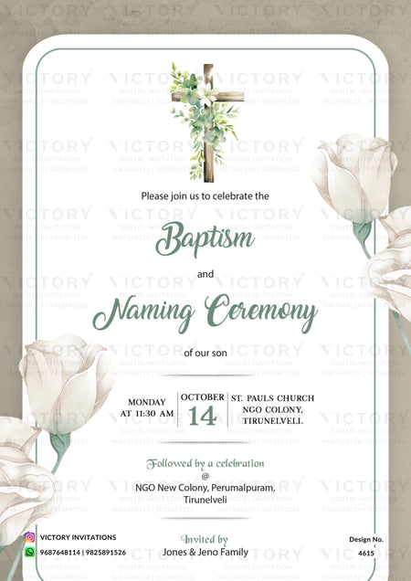 Baptism ceremony invitation card in english language with flowers as minimalistic theme design 4615