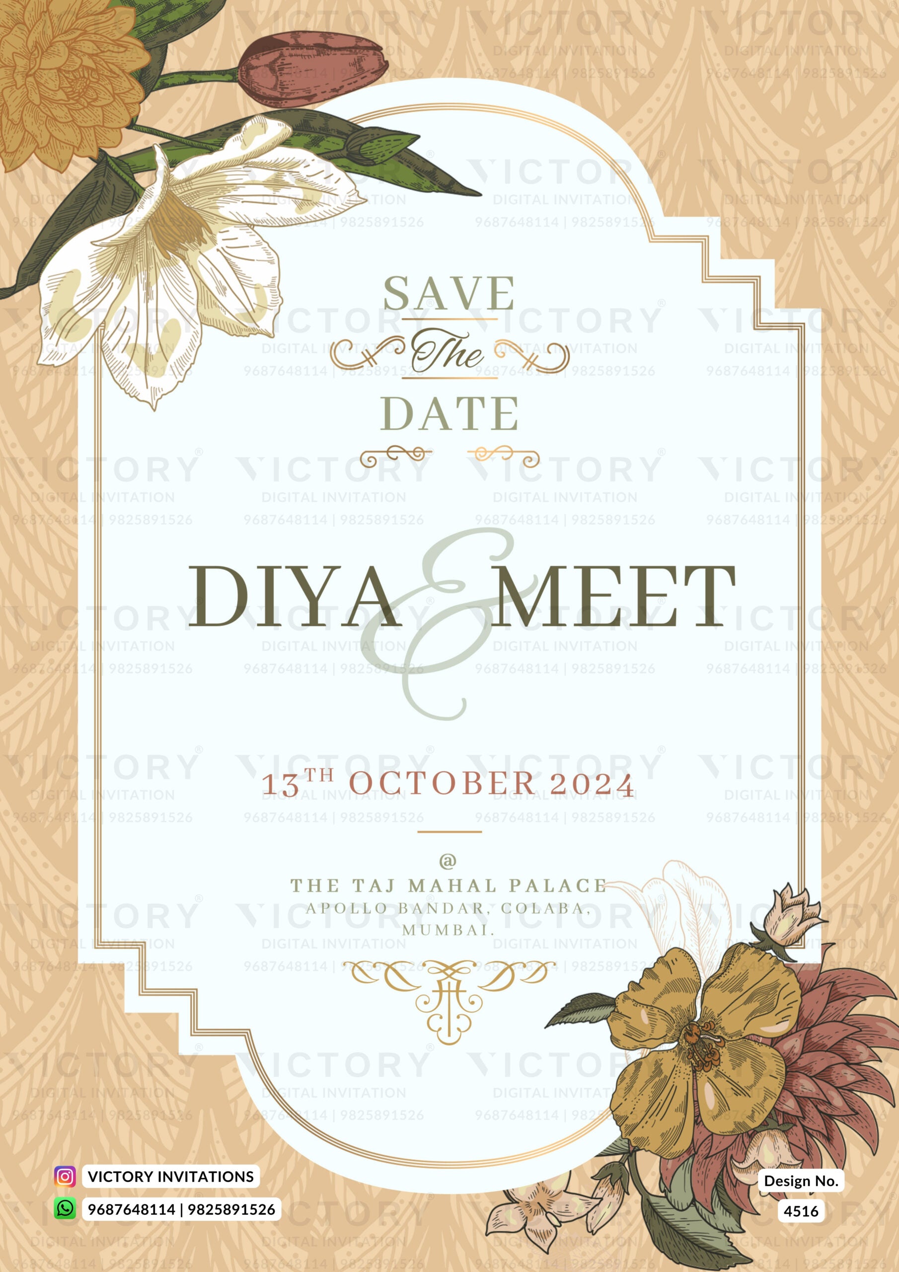 Save the Date card in english language with frame, leaves as floral theme design 4616