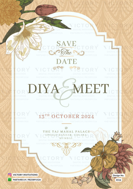 Save the Date card in english language with frame, leaves as floral theme design 4616