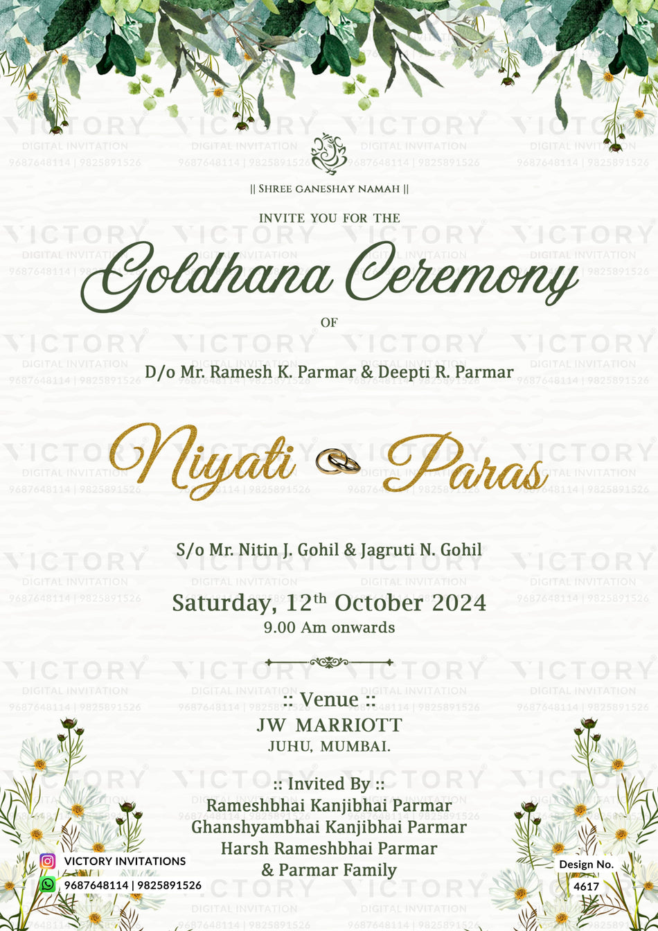 Gol Dhana Ceremony invitation card of gujarati family in english language with leaves as floral theme design 4617