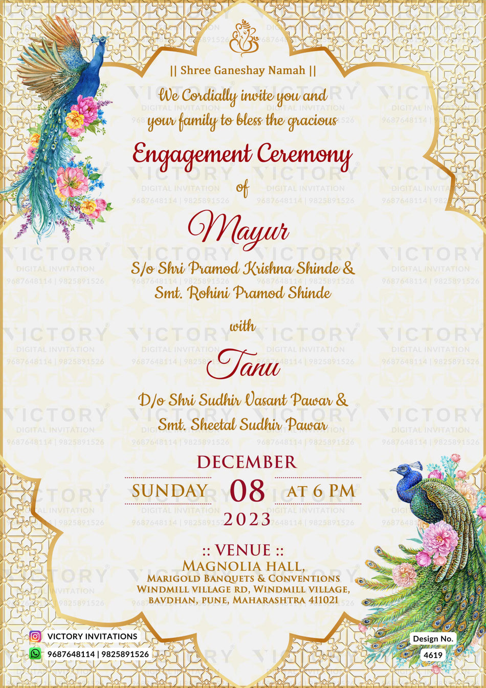 Engagement ceremony invitation card in english language with peacock, flowers as arch theme design 4619