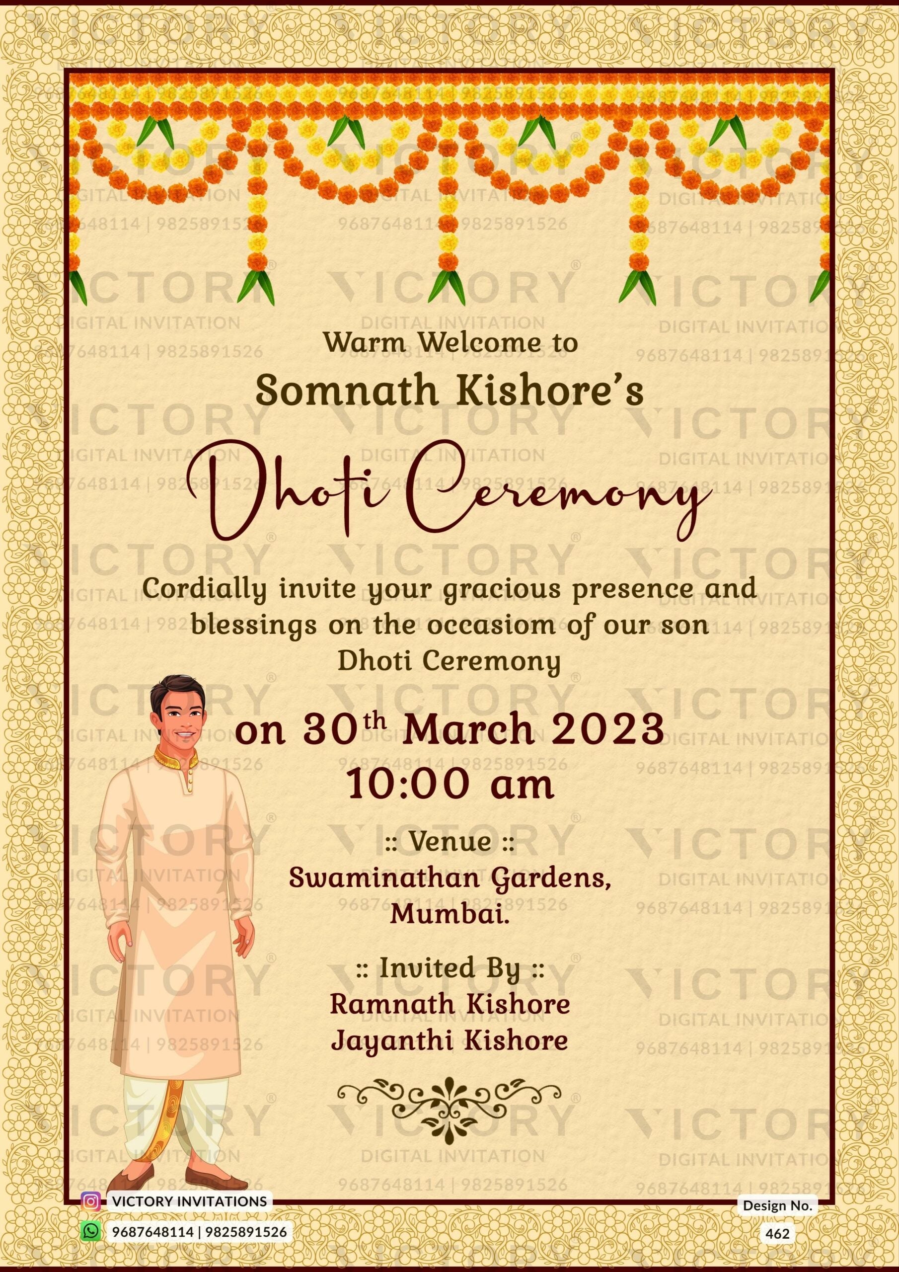 Dhoti ceremony invitation video in english language with traditional theme design 462