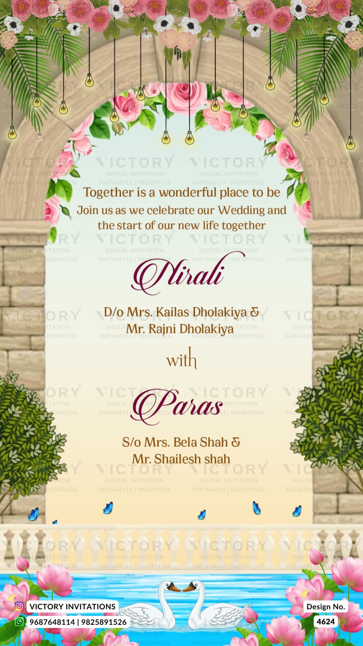 Wedding ceremony invitation card of hindu gujarati patel family in english language with traditonal theme design 4624