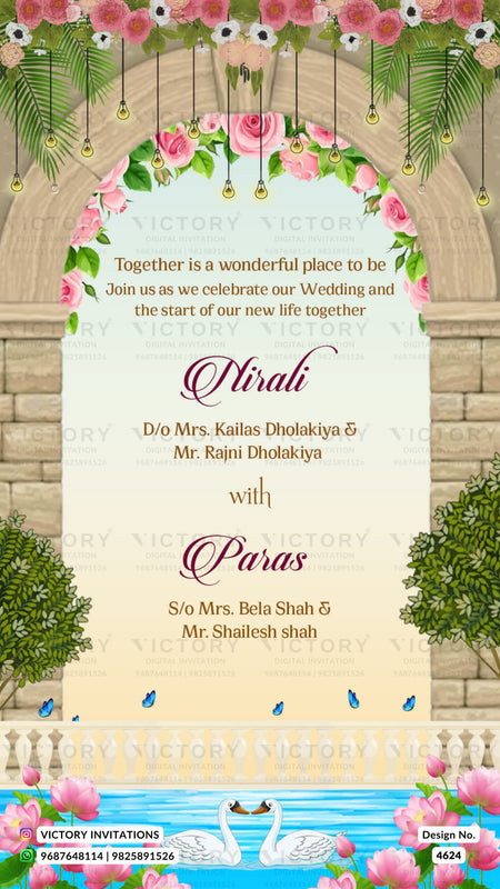Wedding ceremony invitation card of hindu gujarati patel family in english language with traditonal theme design 4624
