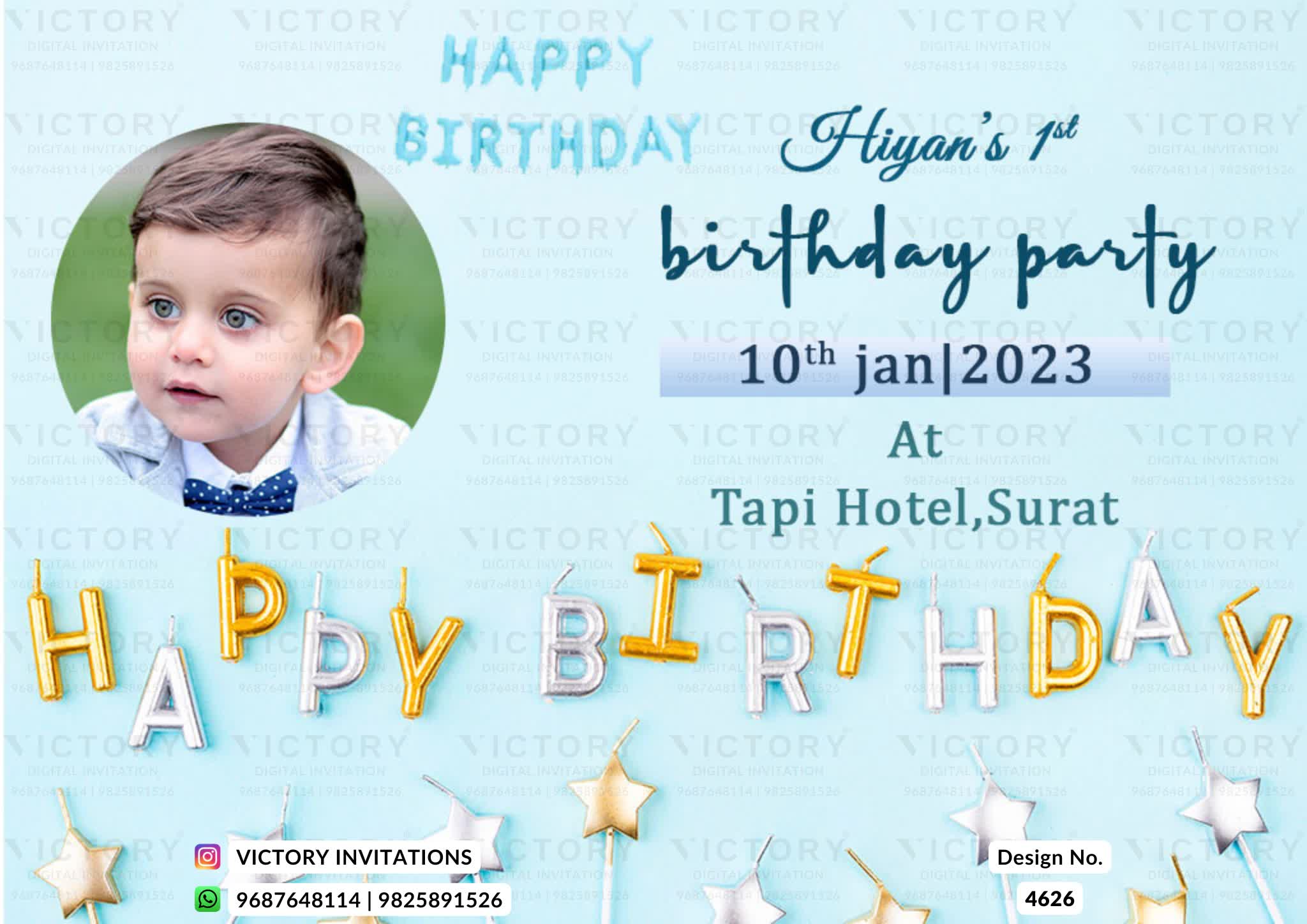 Birthday party invitation card for boy and girl in english language with star, baby photo as minimalistic theme design 4626