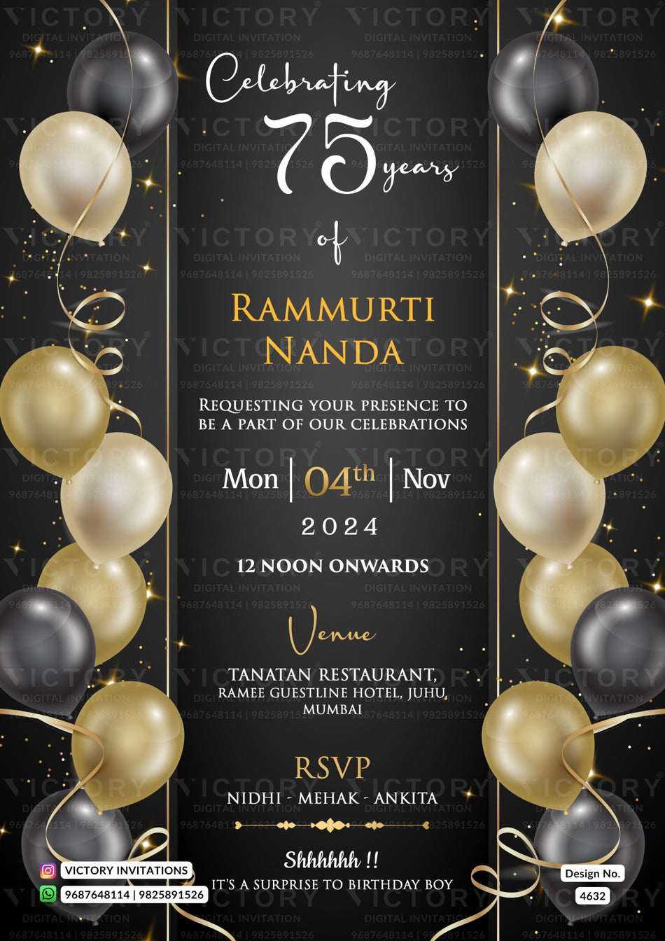 Birthday party invitation card for in english language with ribbon, glitters as Balloon theme design 4632