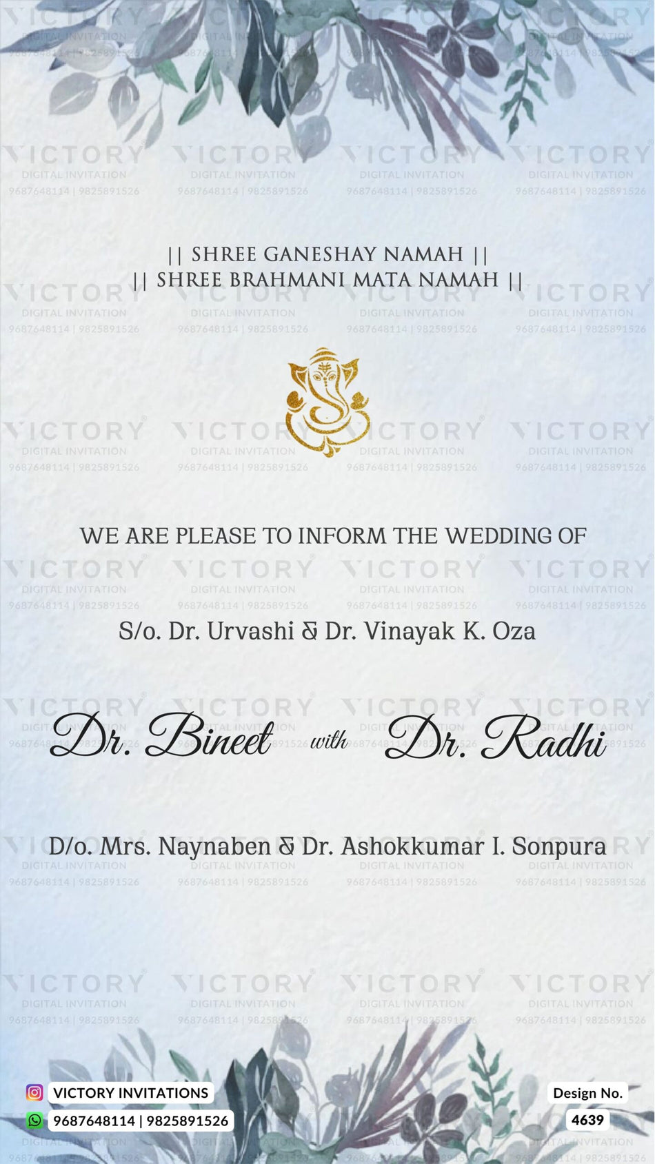 Wedding ceremony invitation card of hindu gujarati patel family in english language with floral theme design 4639