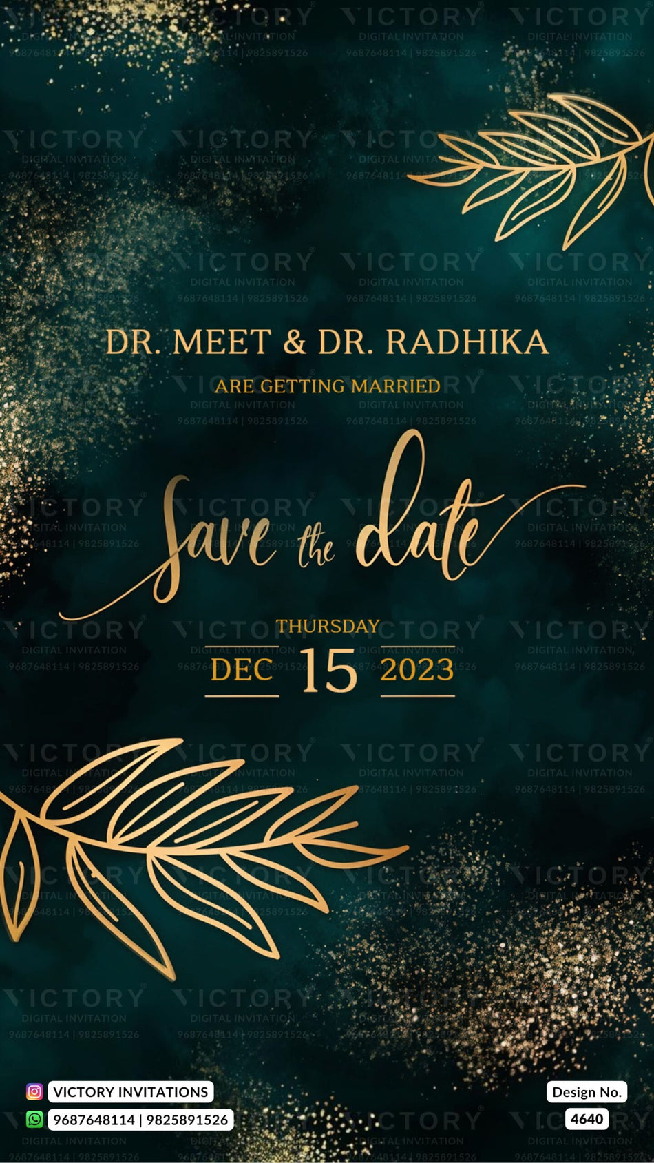Save the Date card in english language with leaves as glittery theme design 4640