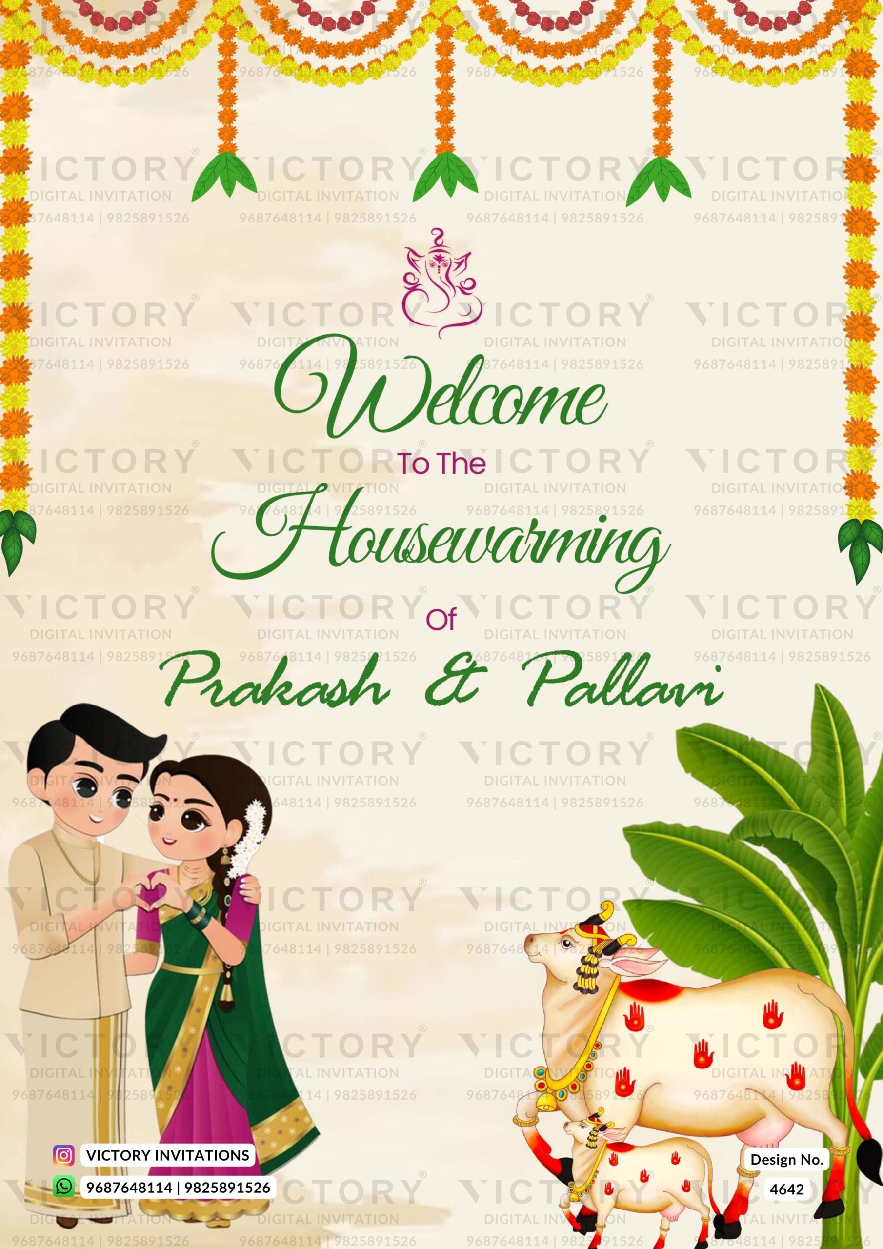 House Warming Welcome Standee design in english language with cow, flowers as traditional theme design 4642