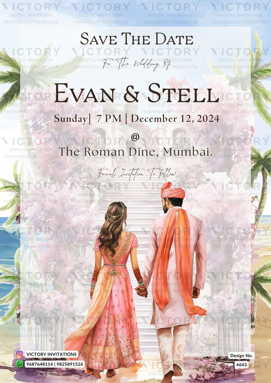 Save the Date card in english language with coconut tree, stair as beach theme design 4643