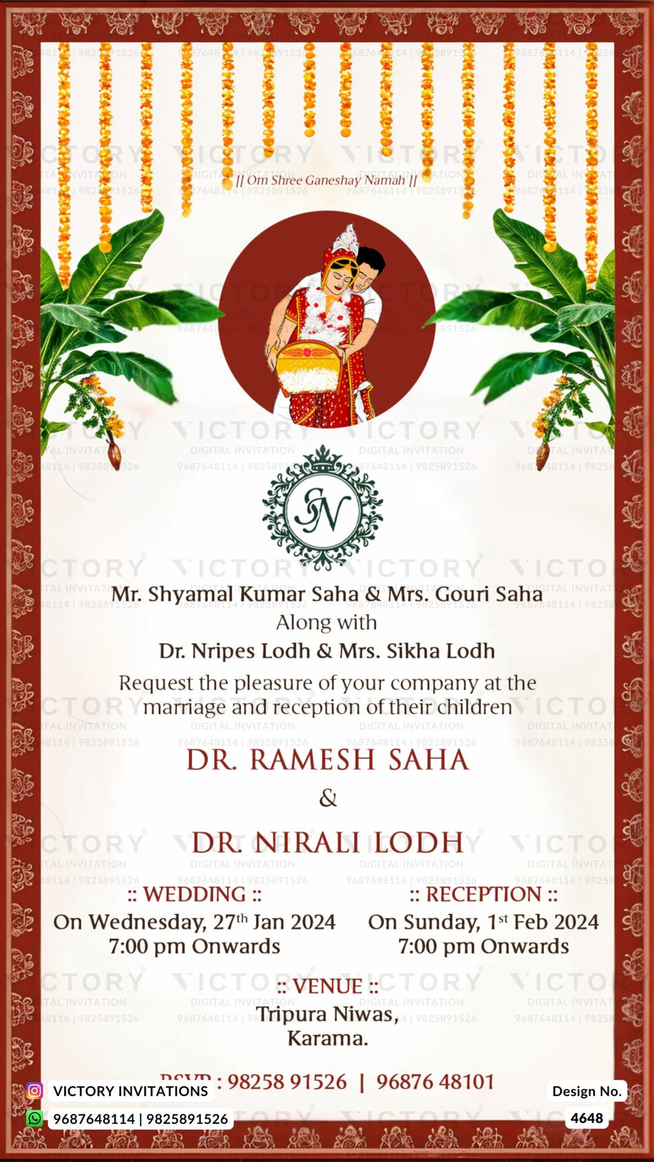 Wedding ceremony invitation card of hindu west bengal bengali family in english language with traditional theme design 4648
