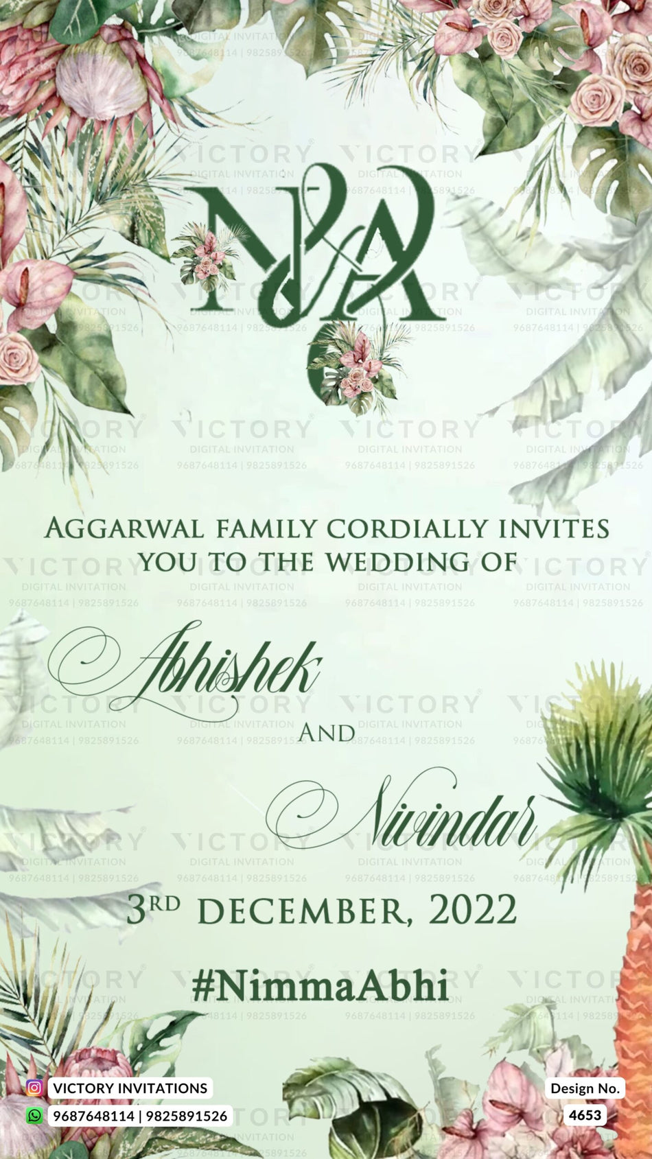 Dancing couple caricature invitation card for wedding and engagement ceremony of north indian bhojpuri family in english language with floral theme design 4653