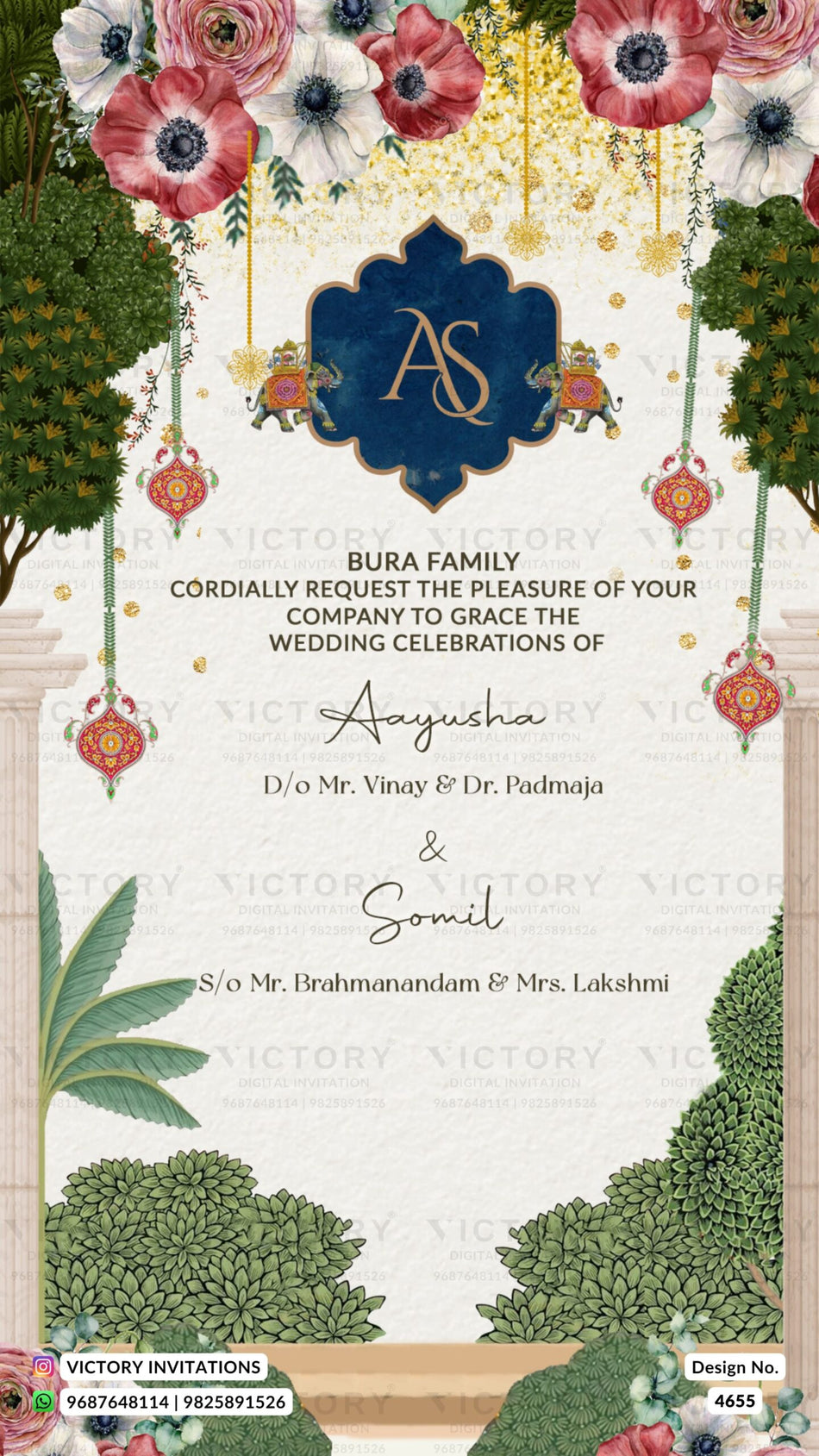 Wedding ceremony invitation card of hindu gujarati patel family in english language with floral theme design 4655