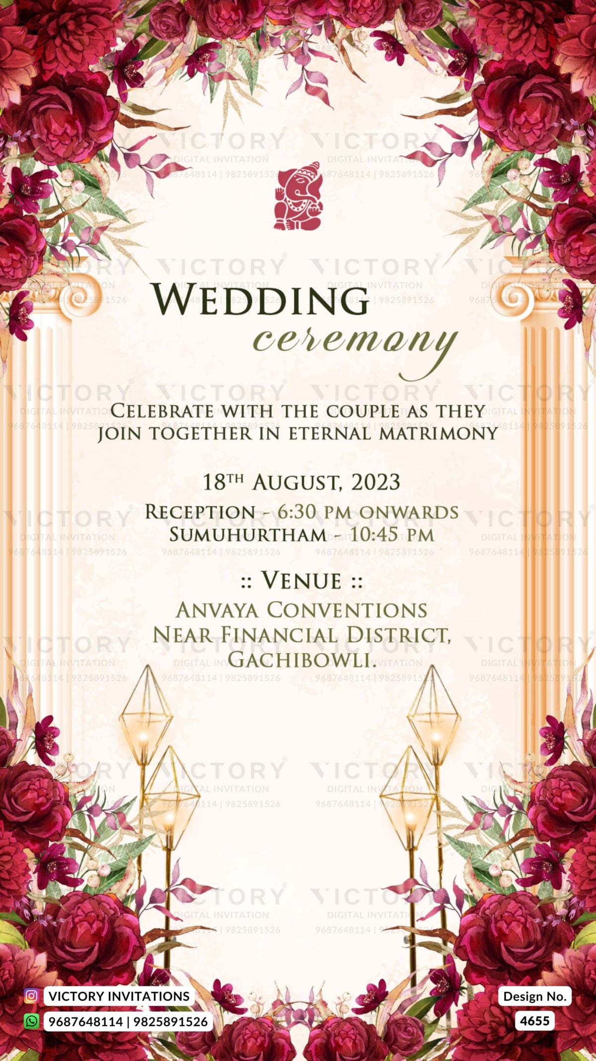 Wedding ceremony invitation card of hindu gujarati patel family in english language with floral theme design 4655