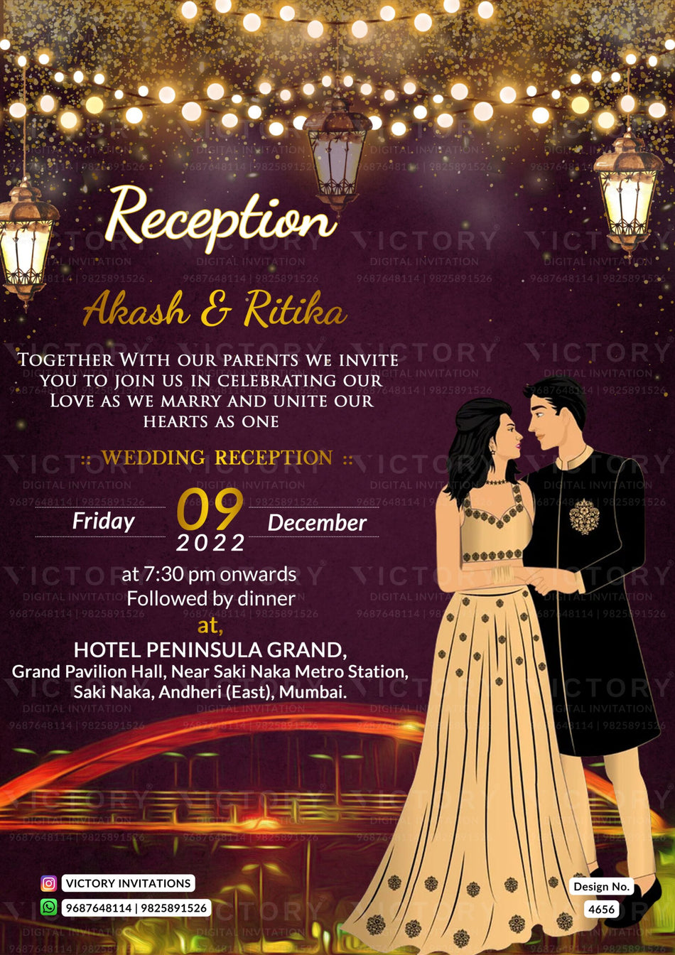 Reception Party invitation card in english language with bridge, string light as glittery theme design 4656