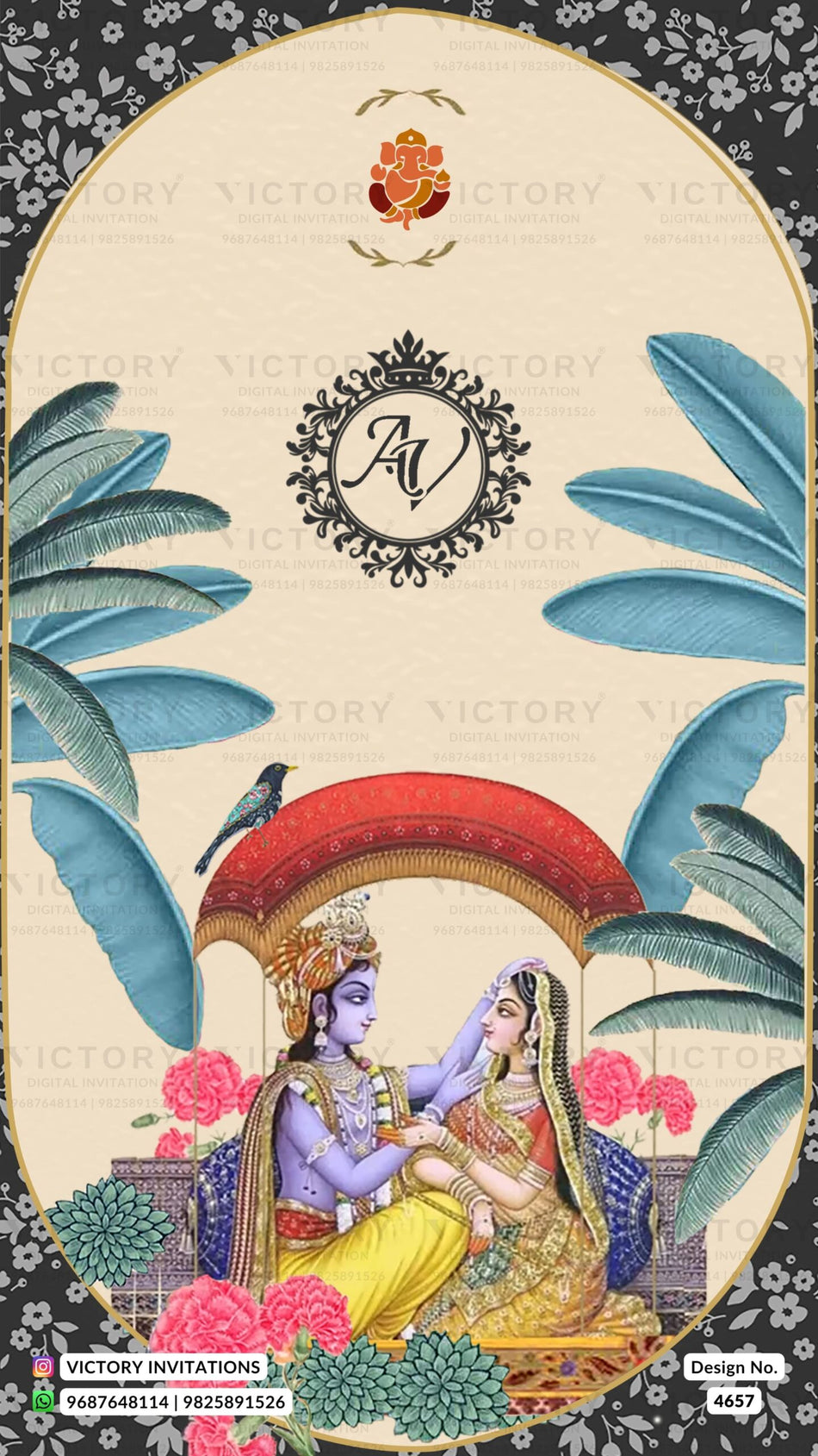 Wedding ceremony invitation card of hindu south indian telugu family in english language with traditional theme design 4657