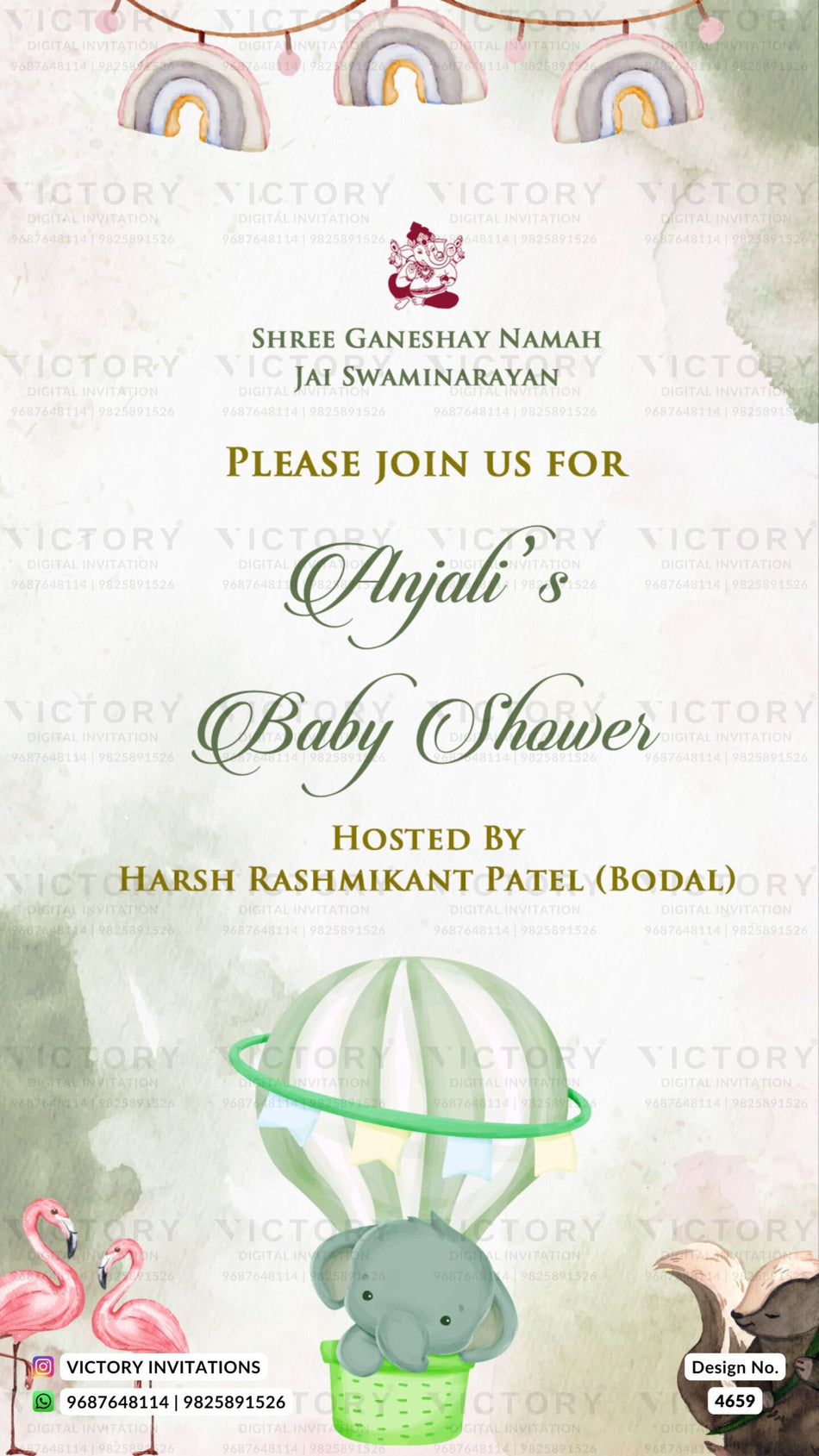Baby Shower ceremony invitation card in english language with elephant, baby toy as playful theme design 4659