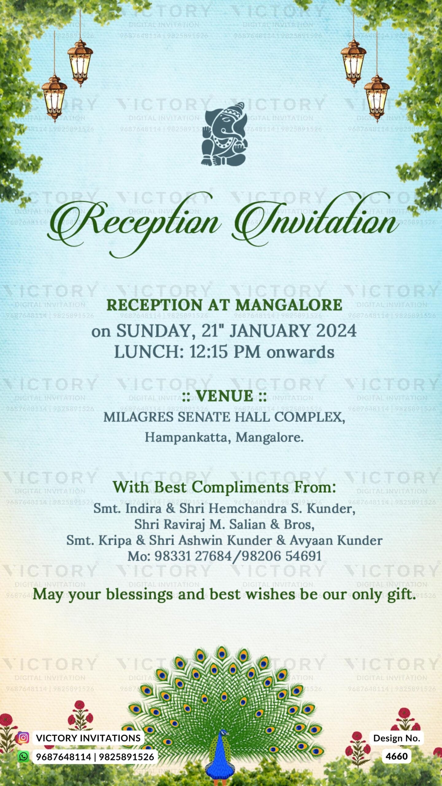 Wedding and Reception ceremony invitation card of hindu south indian kannada family in english language with city view theme design 4660
