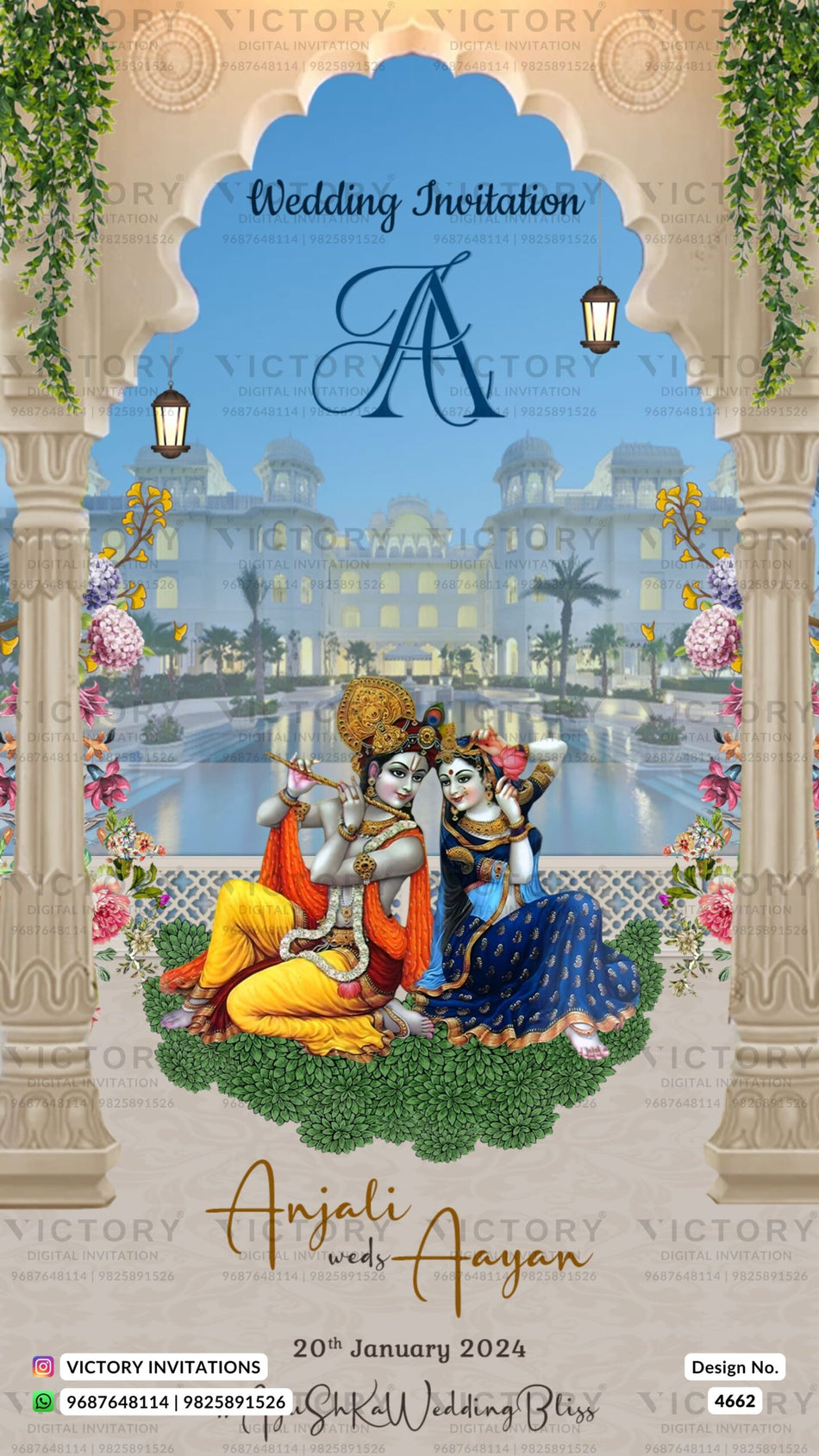 Sitting couple caricature invitation card for wedding ceremony of punjabi sikh family in english language with gate theme design 4662
