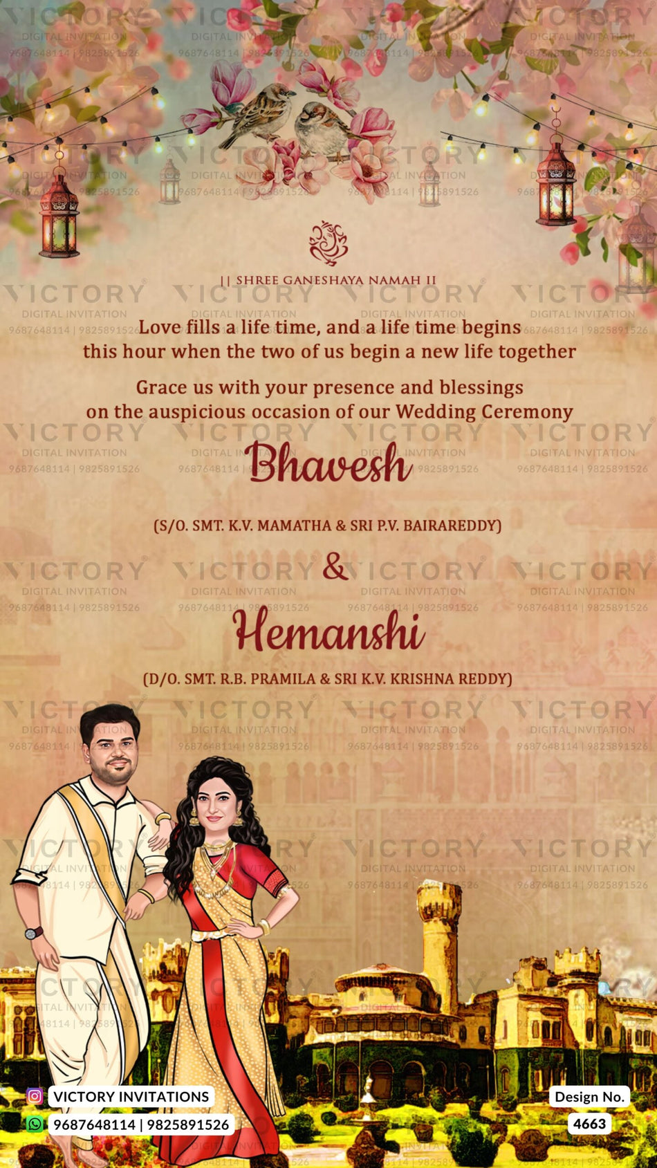 Dhoti and Saree couple caricature invitation card for wedding ceremony of south indian telugu family in english language with royal theme design 4663
