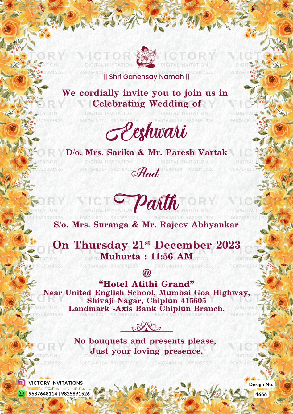 Wedding ceremony invitation card of hindu maharashtrian marathi family in english language with floral theme design 4666