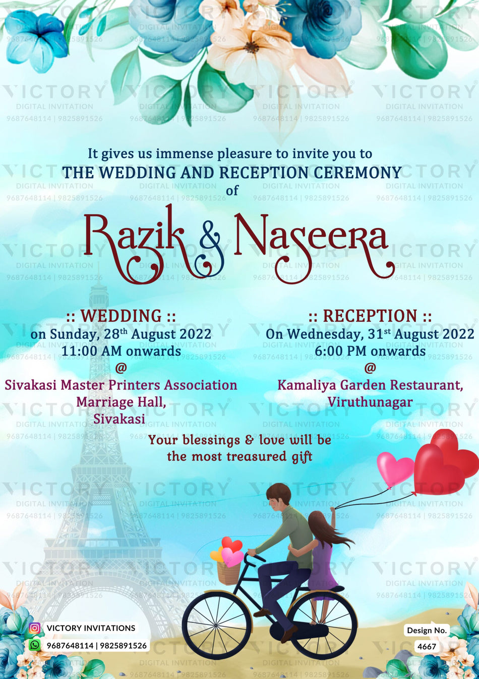 Wedding ceremony invitation card of hindu south indian tamil family in english language with eiffel tower theme design 4667