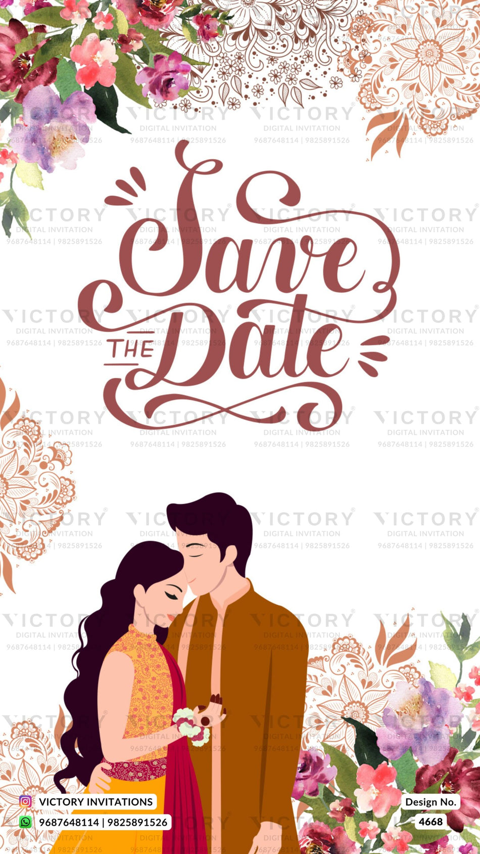 Engagement ceremony invitation card in english language with couple doodle, leaves as floral theme design 4668