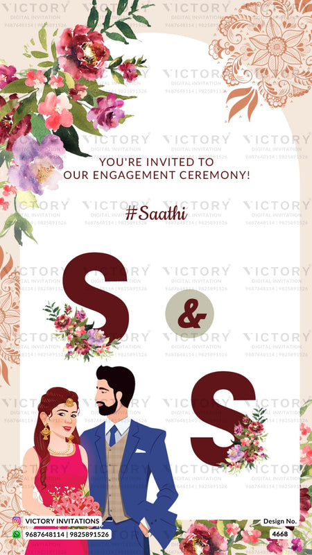 Engagement ceremony invitation card in english language with couple doodle, leaves as floral theme design 4668