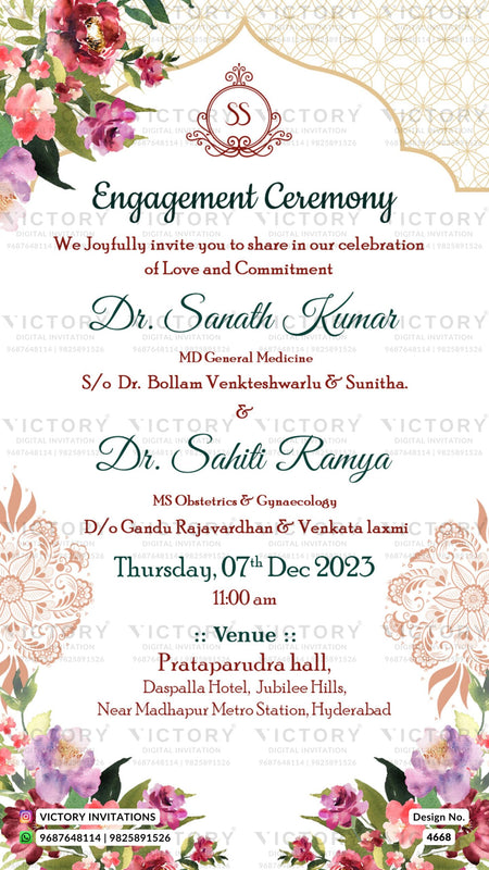 Engagement ceremony invitation card in english language with couple doodle, leaves as floral theme design 4668