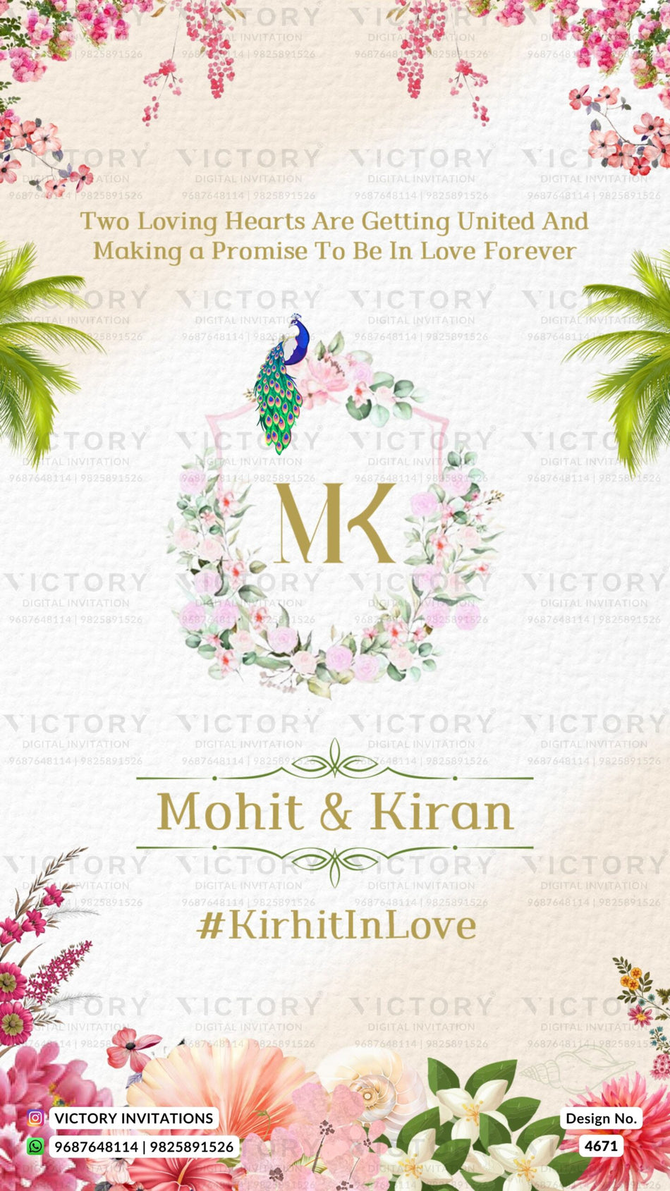 Wedding ceremony invitation card of hindu punjabi sikh family in english language with floral theme design 4671