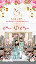 Adorable couple caricature invitation card for Engagement ceremony in English language with lantern, leaves as floral theme design 4673