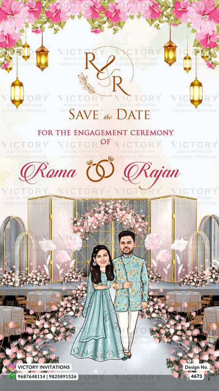 Adorable couple caricature invitation card for Engagement ceremony in English language with lantern, leaves as floral theme design 4673