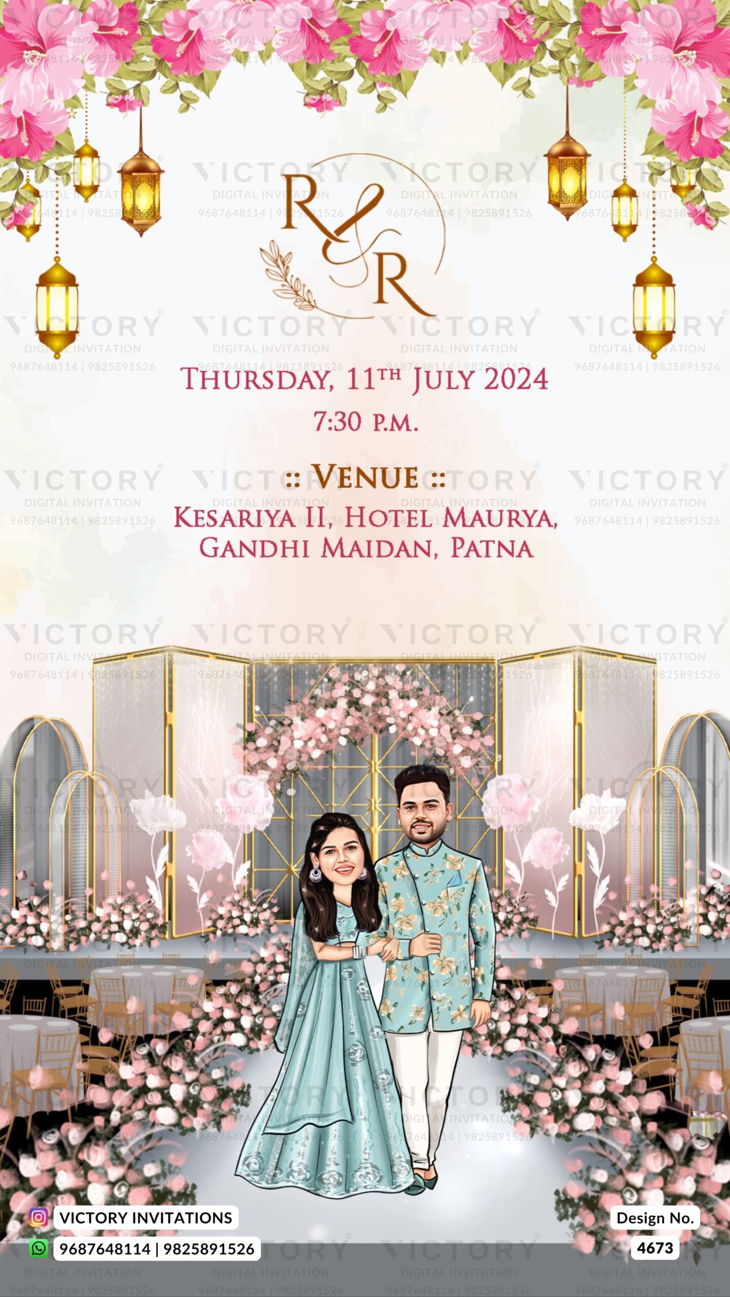 Adorable couple caricature invitation card for Engagement ceremony in English language with lantern, leaves as floral theme design 4673