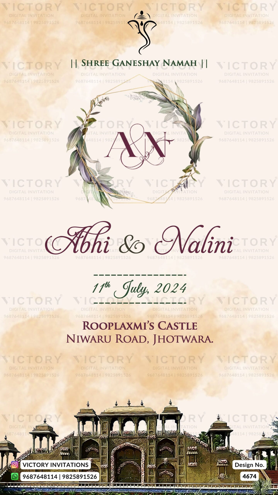 Wedding ceremony invitation card of hindu rajasthani marwari family in english language with destination theme design 4674