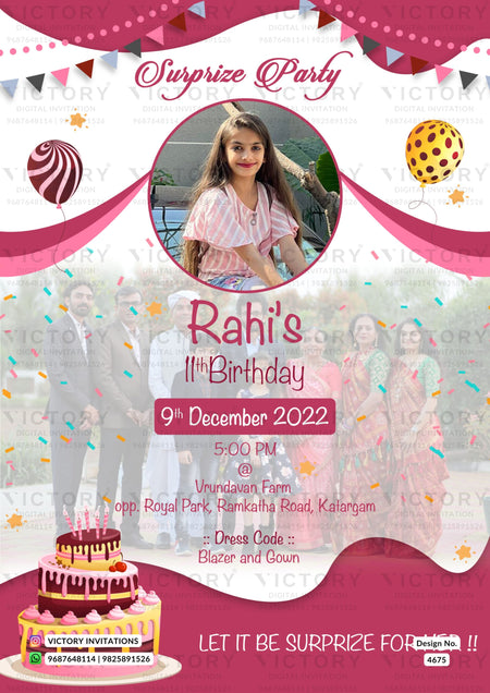 Birthday Surprize party invitation card for girl in english language with balloon, cake as playful theme design 4675