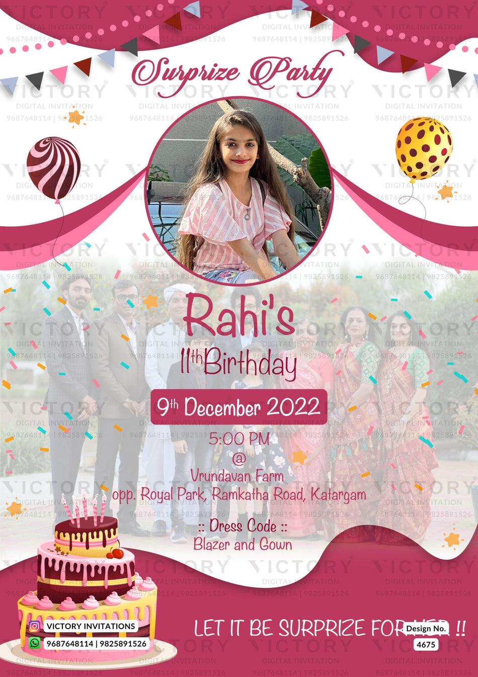 Birthday Surprize party invitation card for girl in english language with balloon, cake as playful theme design 4675