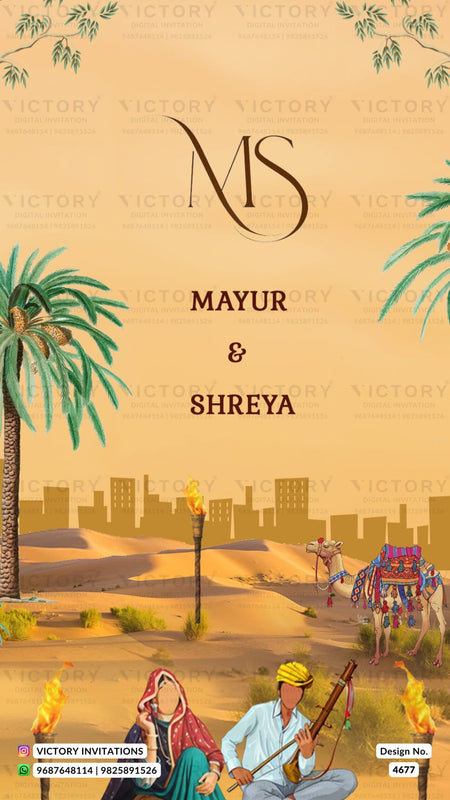 Wedding ceremony invitation card of hindu rajasthani rajput family in english language with desert theme design 4677