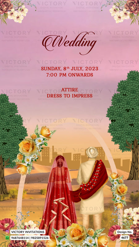 Wedding ceremony invitation card of hindu rajasthani rajput family in english language with desert theme design 4677