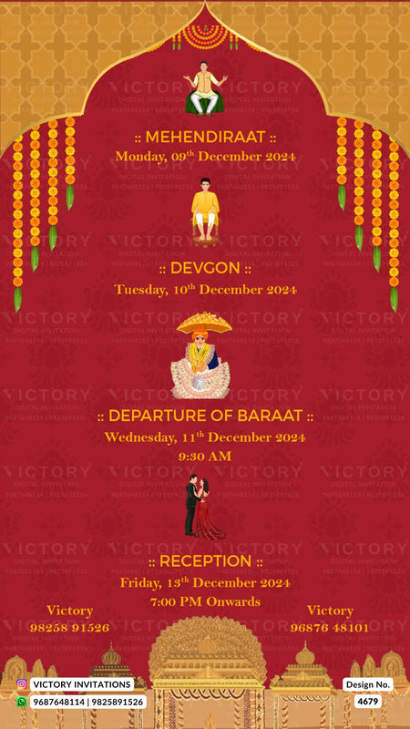 Wedding ceremony invitation card of hindu gujarati kathiyawadi family in english language with arch theme design 4679