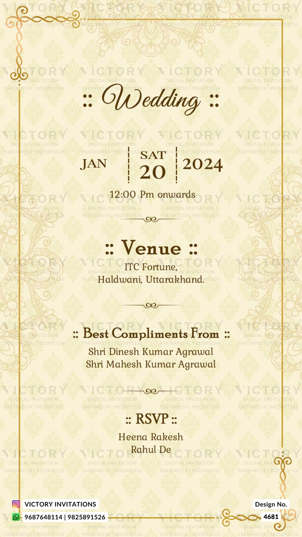 Wedding ceremony invitation card of hindu north indian bhojpuri family in english language with traditional theme design 4681