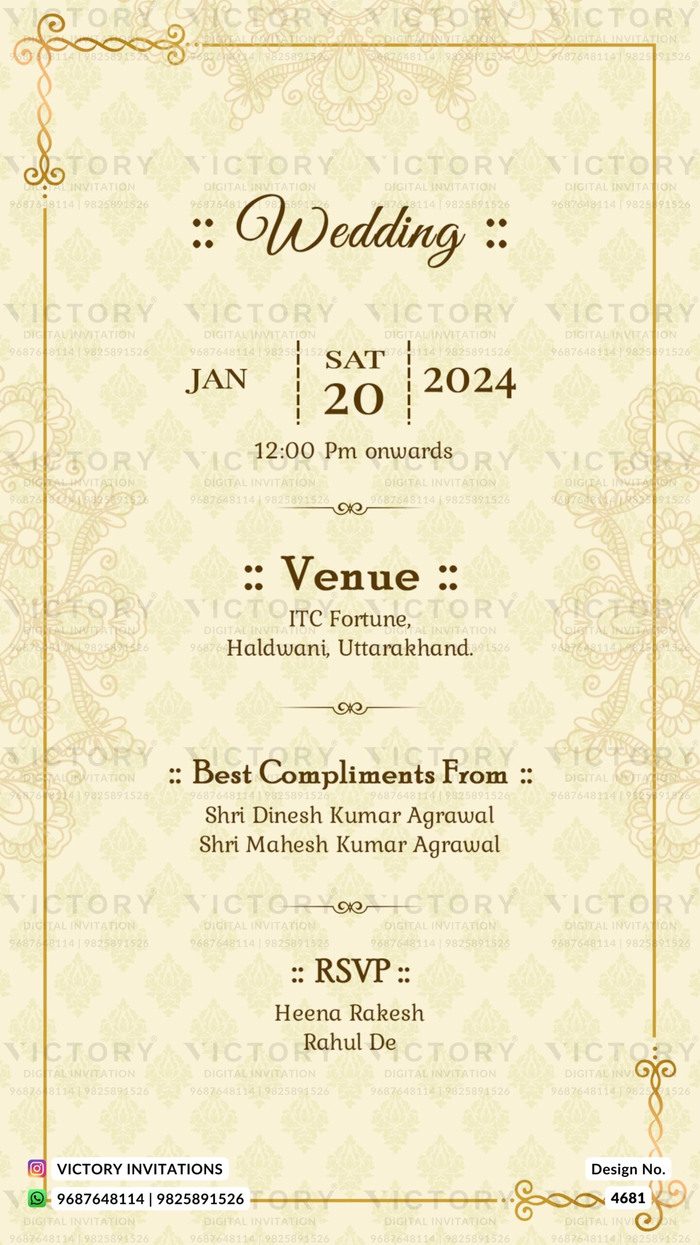 Wedding ceremony invitation card of hindu north indian bhojpuri family in english language with traditional theme design 4681