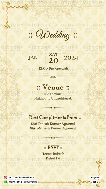 Wedding ceremony invitation card of hindu north indian bhojpuri family in english language with traditional theme design 4681
