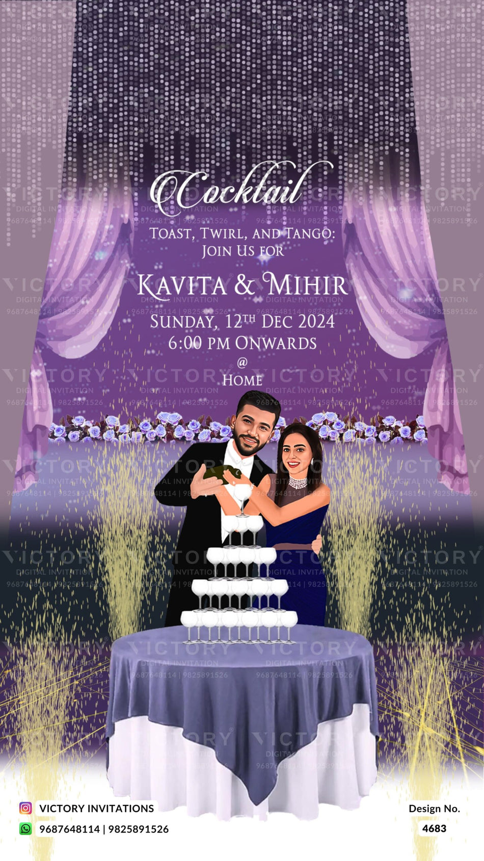 Romantic couple caricature invitation card for Cocktail Party in English language with curtain, glass as glittery theme design 4683