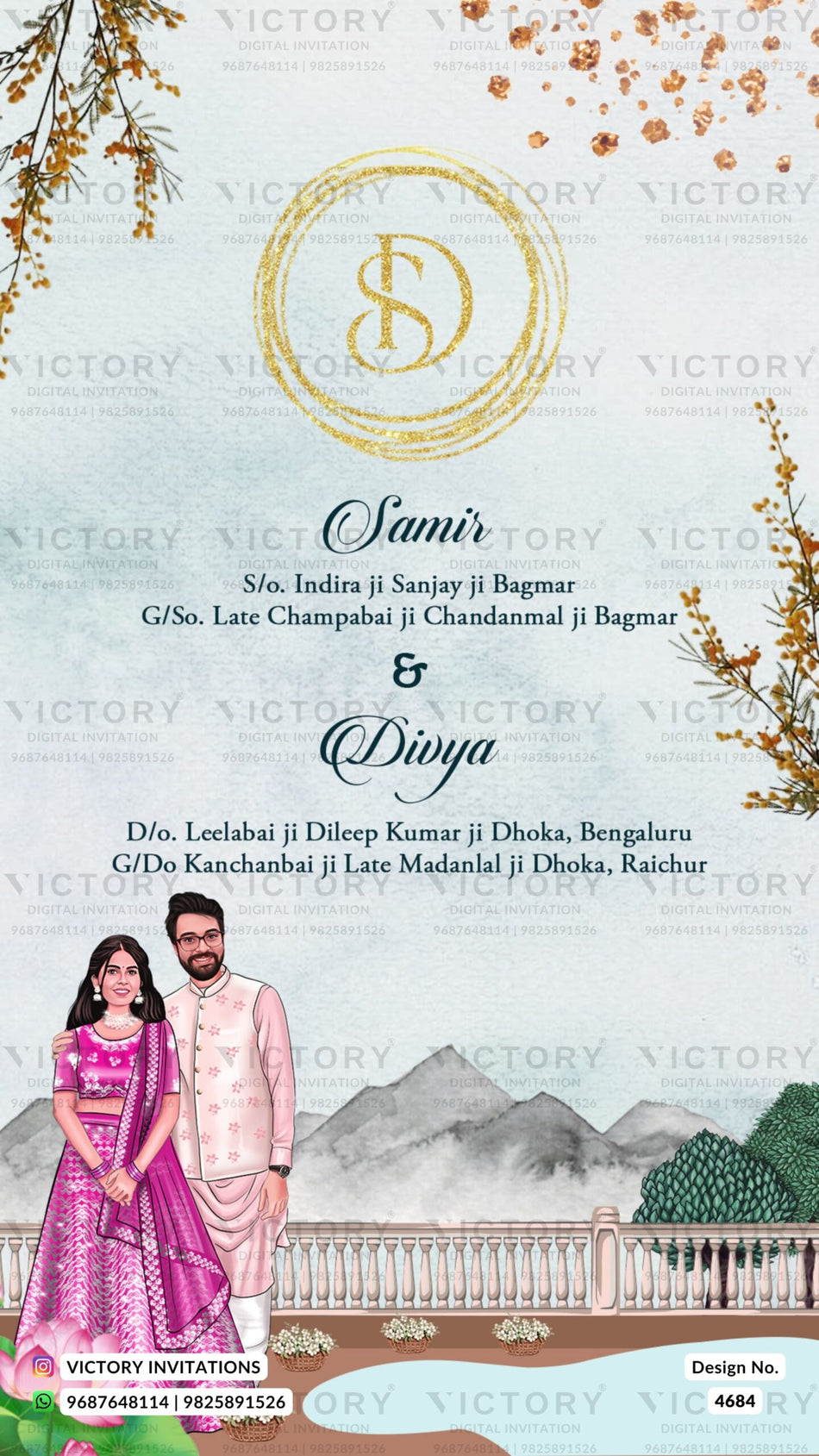 Traditional couple caricature invitation card for wedding ceremony of south indian kannada family in english language with mountain theme design 4684