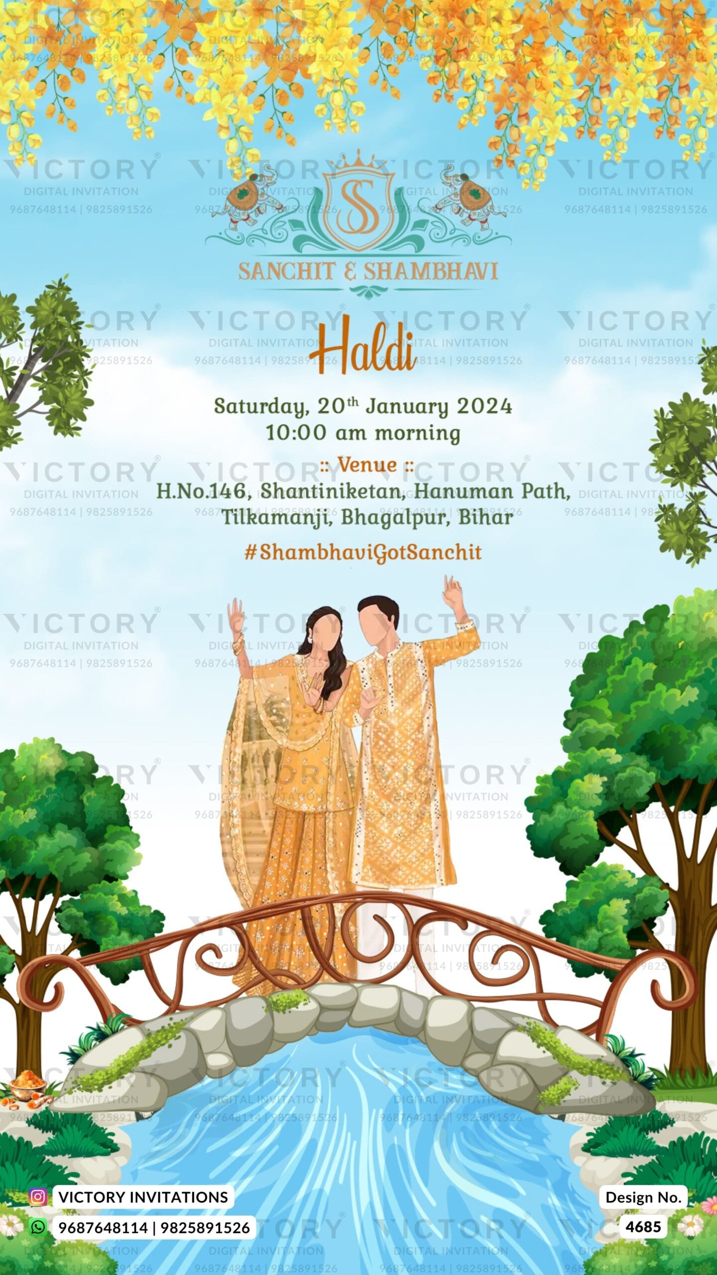 Wedding ceremony invitation card of hindu east India Bihari family in english language with beach theme design 4685
