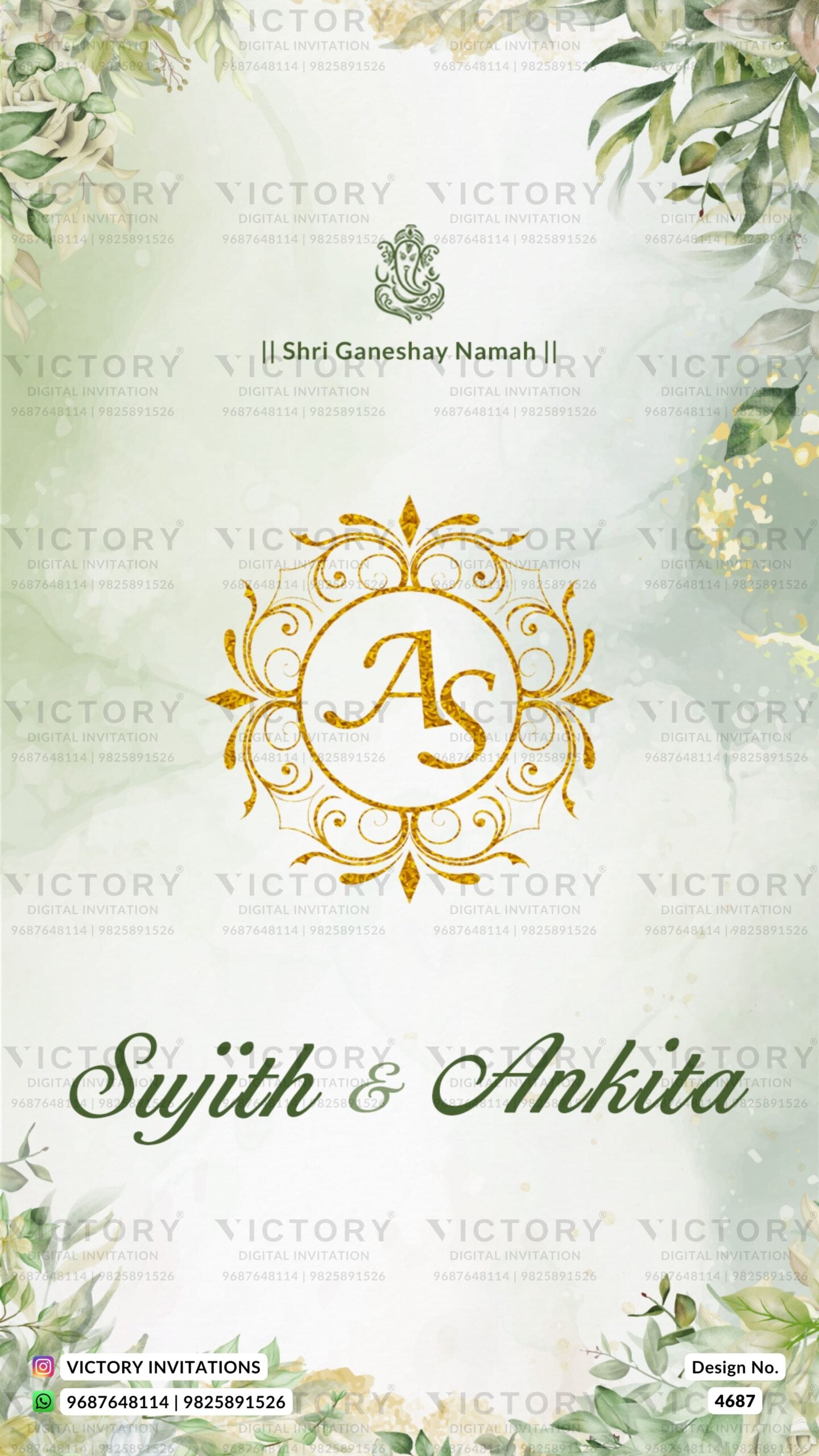 Wedding ceremony invitation card of hindu south indian kannada family in english language with artistic leaves theme design 4687